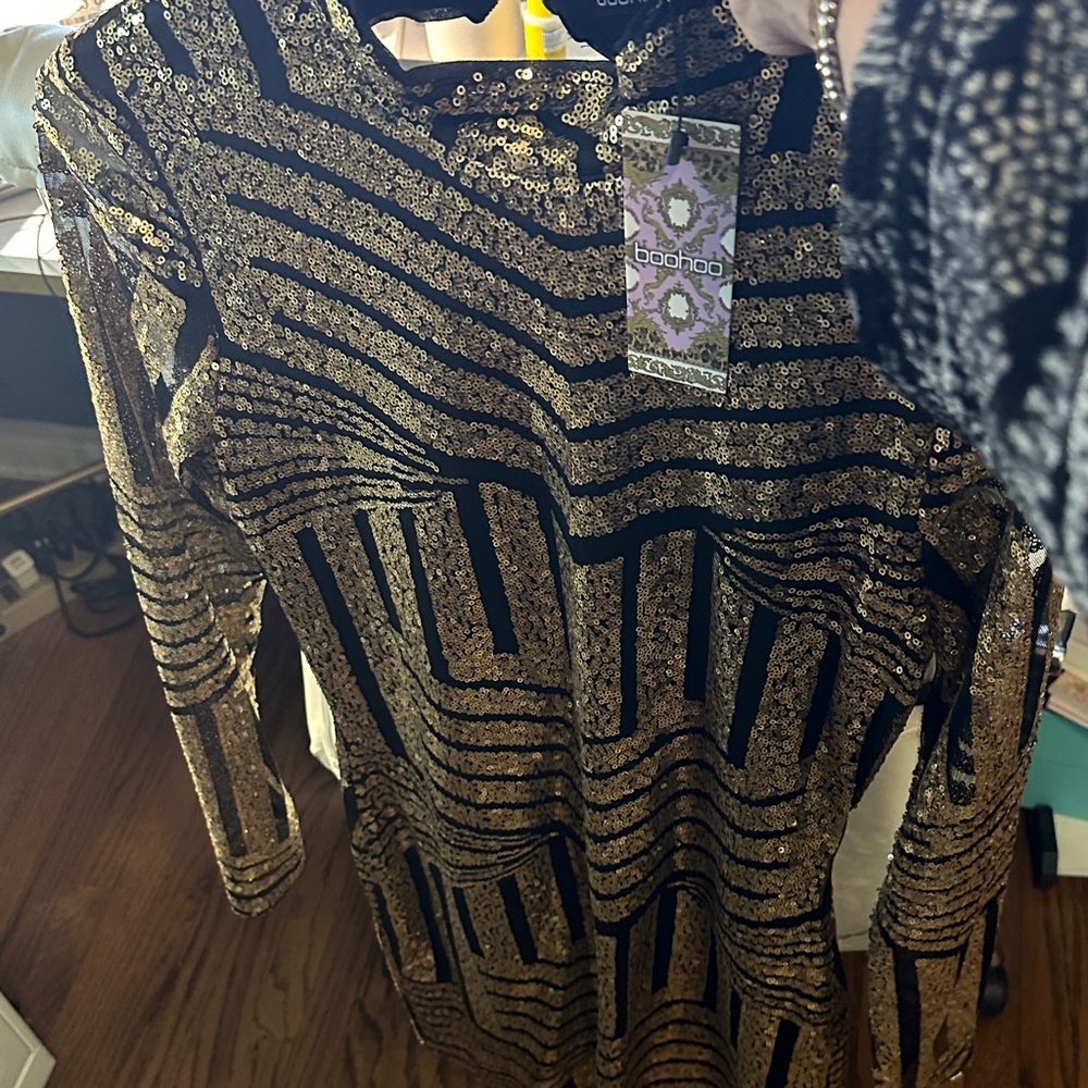 Boohoo Black and Gold Sequin Party Dress